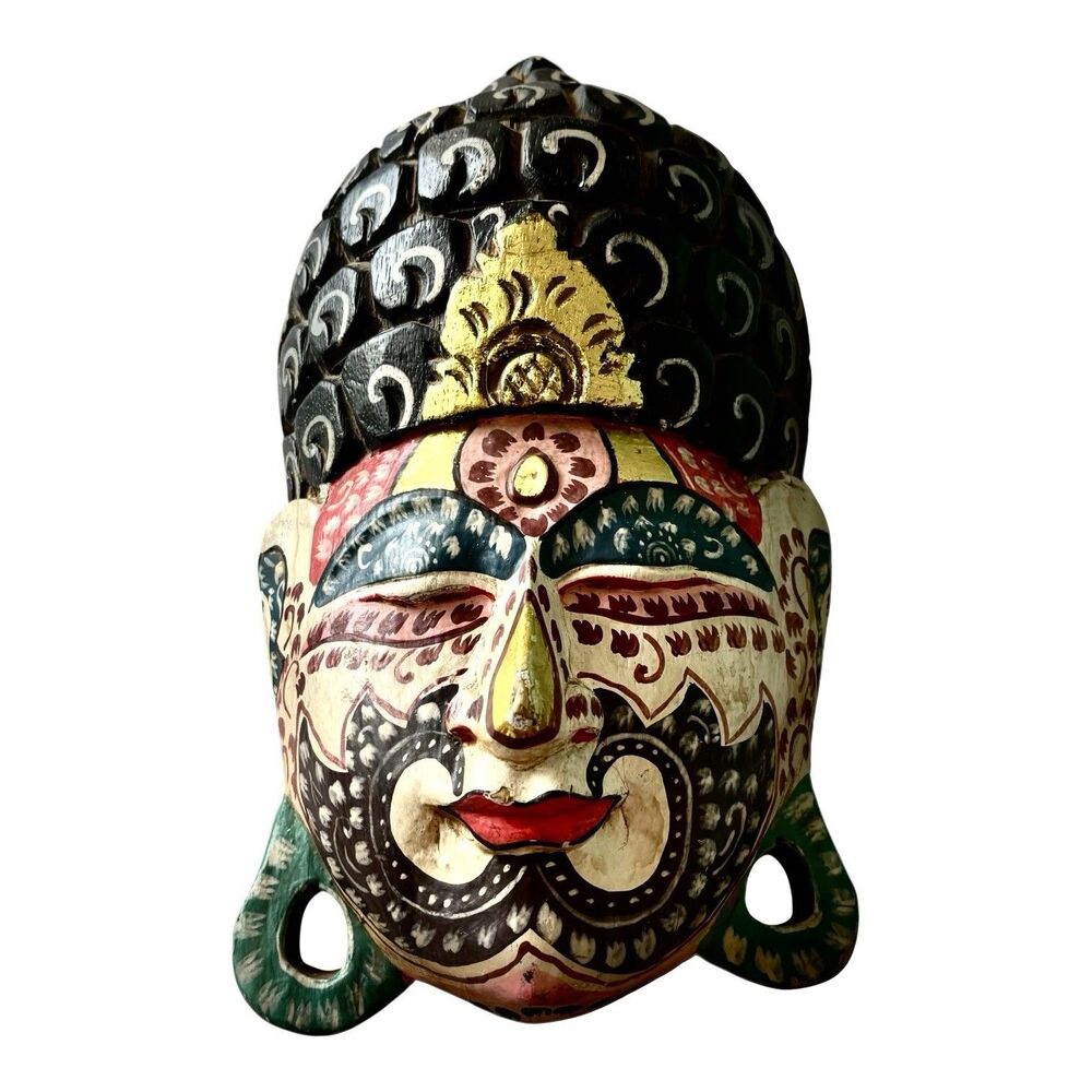 Vintage Wood Carved Indonesian Mask Hand Painted